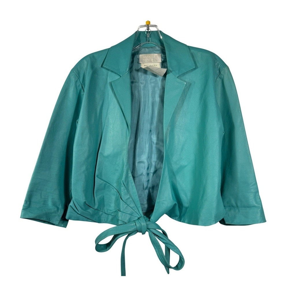 Badgley Mischka Vintage Teal Leather Jacket Silk Lined Cropped Tie Waist Sz M/8